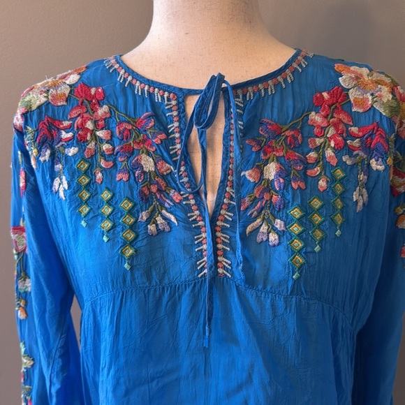 Johnny Was Sheer Blue Floral Embroidered Tie Front Tunic Top - Picture 4 of 14